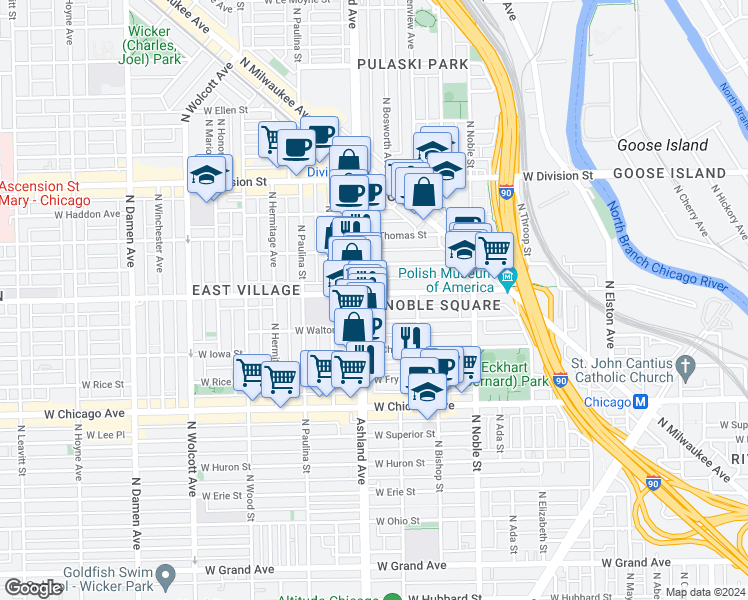 map of restaurants, bars, coffee shops, grocery stores, and more near in Chicago