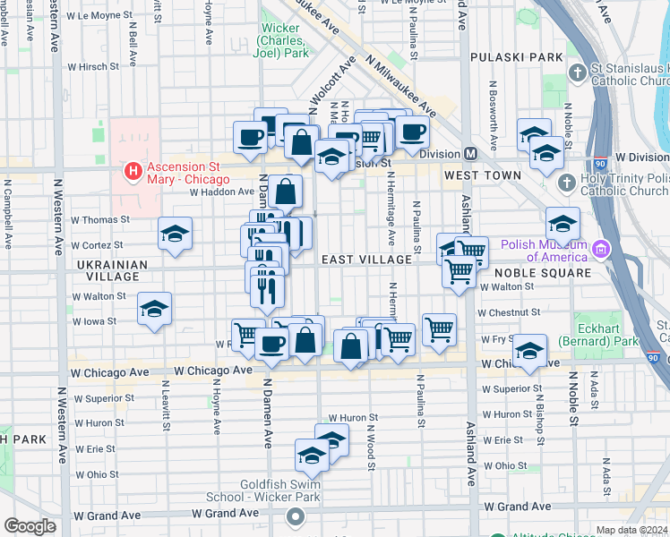 map of restaurants, bars, coffee shops, grocery stores, and more near 959 North Honore Street in Chicago