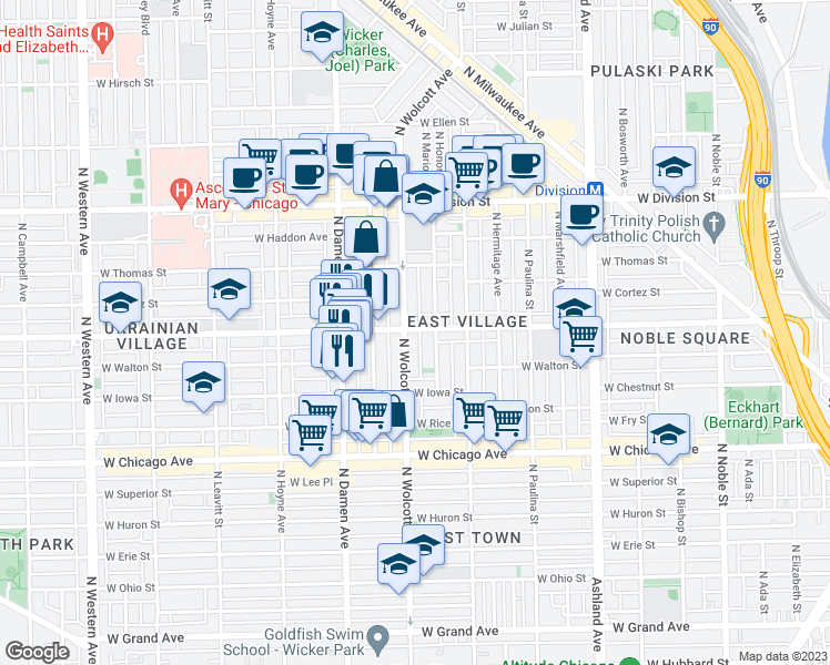 map of restaurants, bars, coffee shops, grocery stores, and more near 958 North Wolcott Avenue in Chicago
