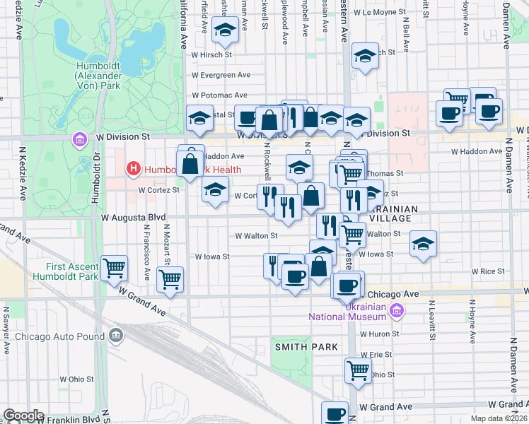 map of restaurants, bars, coffee shops, grocery stores, and more near in Chicago