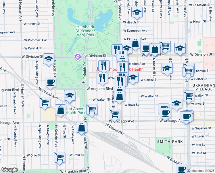 map of restaurants, bars, coffee shops, grocery stores, and more near 1003 North Francisco Avenue in Chicago