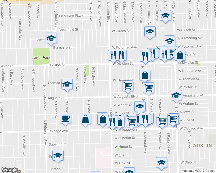 map of restaurants, bars, coffee shops, grocery stores, and more near 1034 North Austin Boulevard in Oak Park