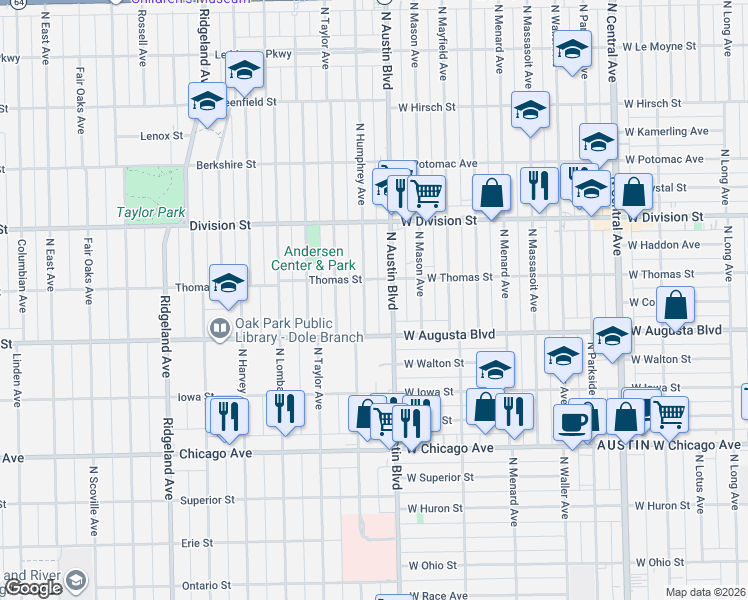 map of restaurants, bars, coffee shops, grocery stores, and more near 1034 North Austin Boulevard in Oak Park