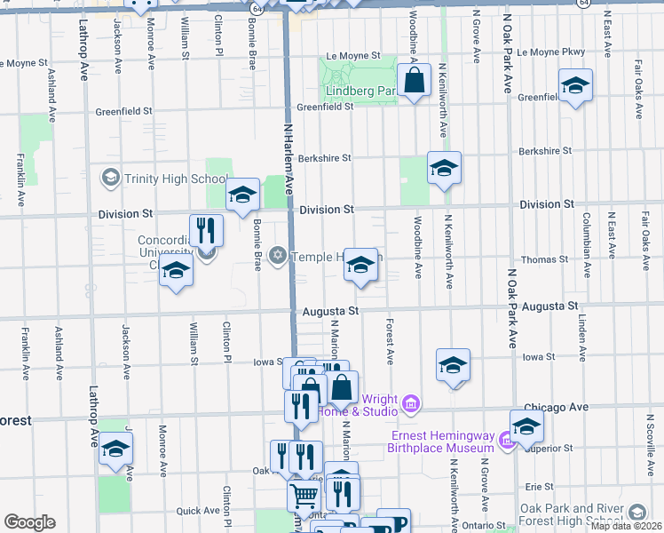 map of restaurants, bars, coffee shops, grocery stores, and more near 743 North Marion Street in Oak Park