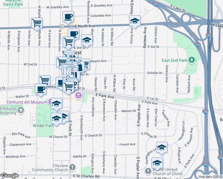 map of restaurants, bars, coffee shops, grocery stores, and more near 215 East 1st Street in Elmhurst