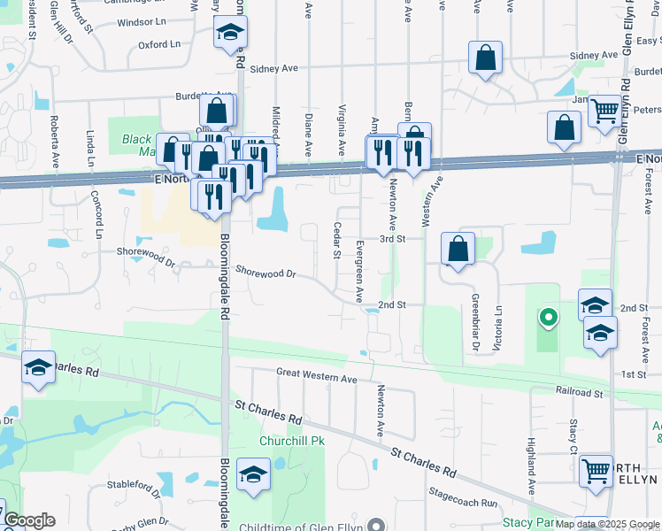 map of restaurants, bars, coffee shops, grocery stores, and more near 1110 Cedar Street in Glendale Heights