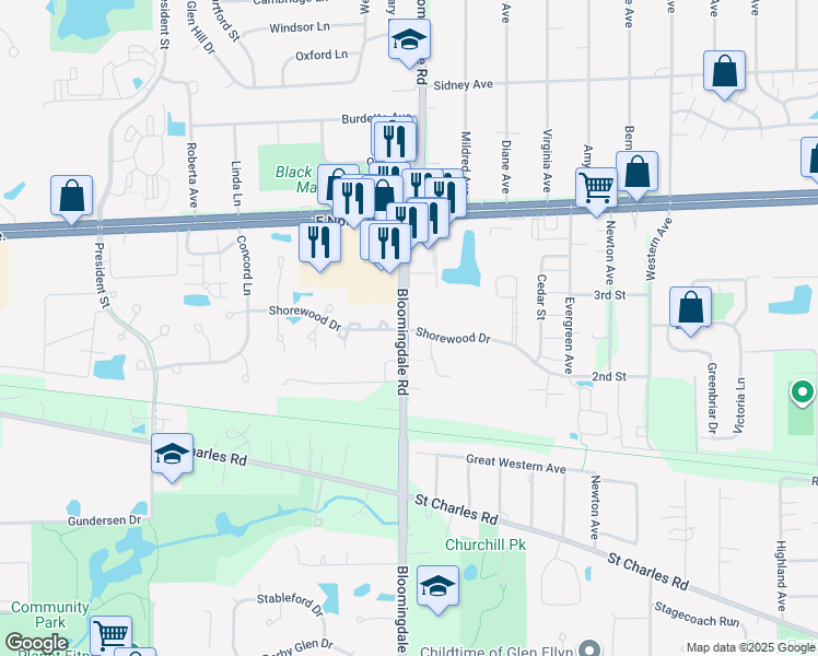map of restaurants, bars, coffee shops, grocery stores, and more near 208 Shorewood Drive in Glendale Heights