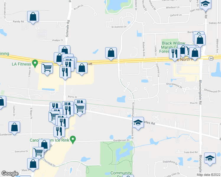 map of restaurants, bars, coffee shops, grocery stores, and more near 671 Hearth Lane in Carol Stream