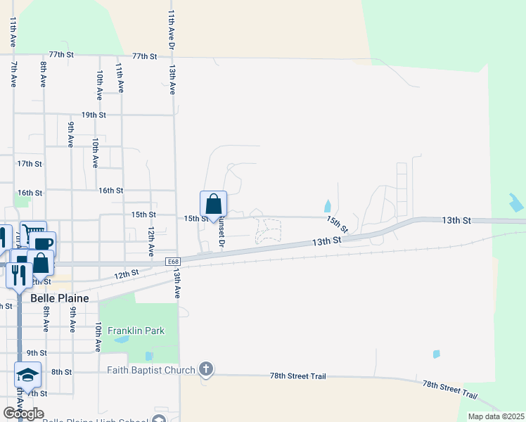 map of restaurants, bars, coffee shops, grocery stores, and more near 1522-1528 15th Street in Belle Plaine