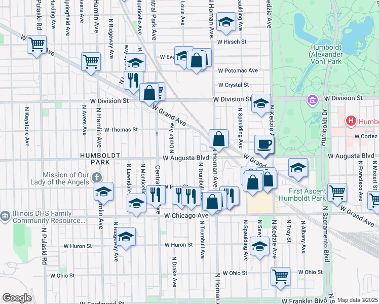 map of restaurants, bars, coffee shops, grocery stores, and more near 1011 North Saint Louis Avenue in Chicago
