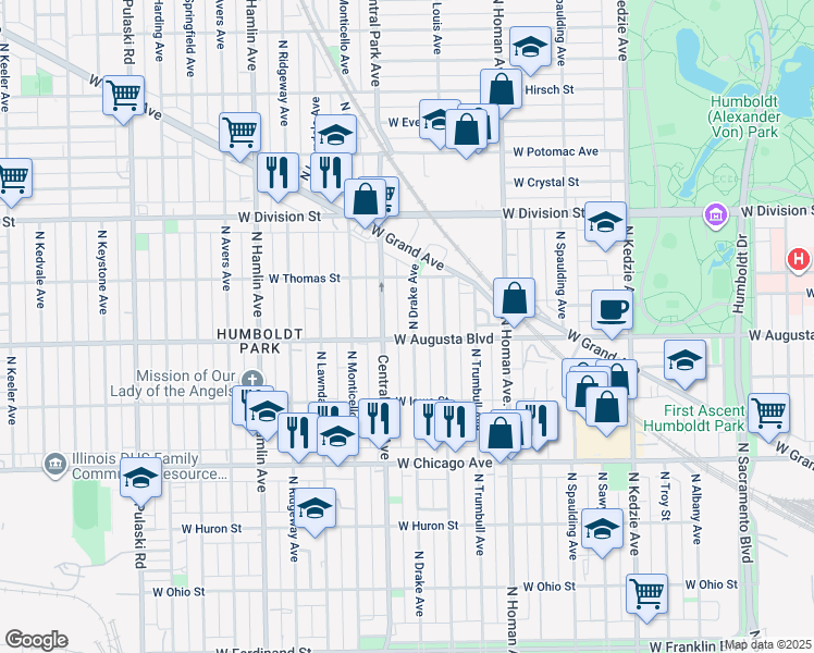 map of restaurants, bars, coffee shops, grocery stores, and more near 1008 North Drake Avenue in Chicago