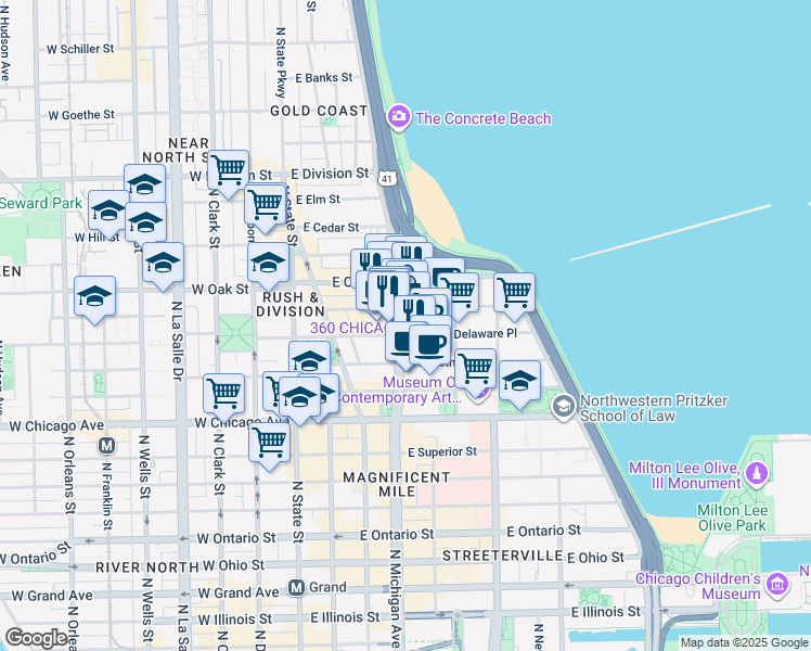 map of restaurants, bars, coffee shops, grocery stores, and more near 909 North Michigan Avenue in Chicago