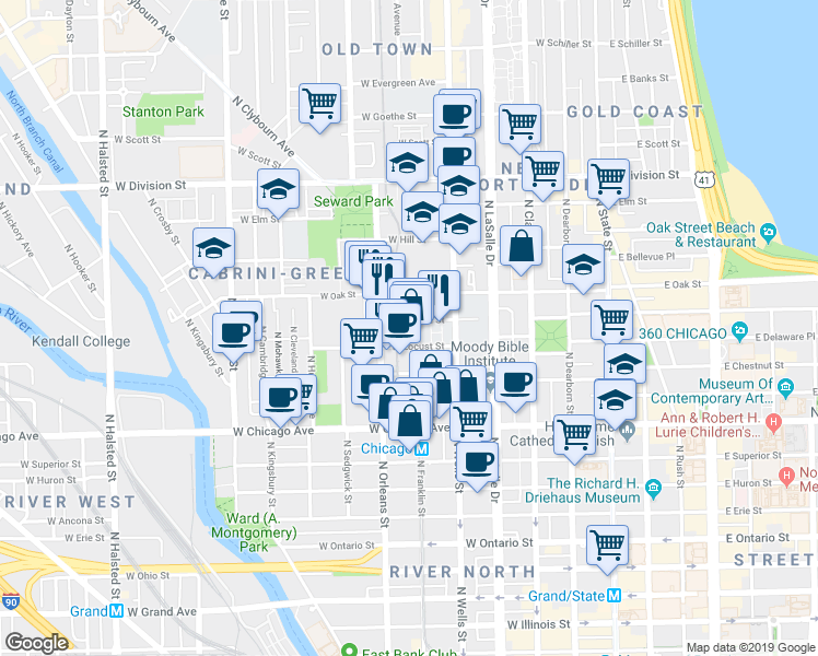 map of restaurants, bars, coffee shops, grocery stores, and more near 311 West Walton Street in Chicago