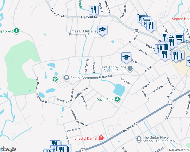map of restaurants, bars, coffee shops, grocery stores, and more near 4 Chase Street in Taunton