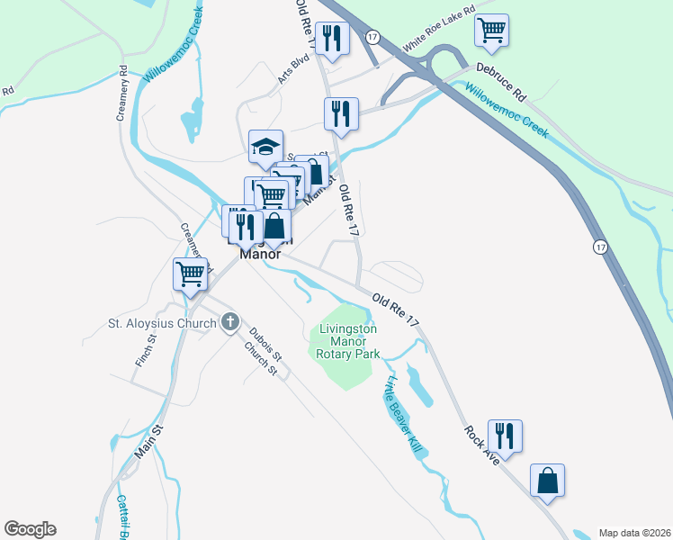 map of restaurants, bars, coffee shops, grocery stores, and more near 41 Pearl Street in Livingston Manor
