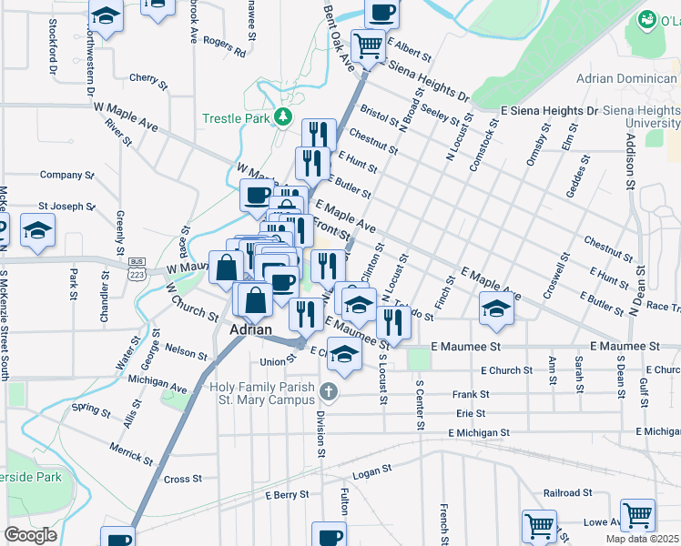 map of restaurants, bars, coffee shops, grocery stores, and more near 210 North Broad Street in Adrian