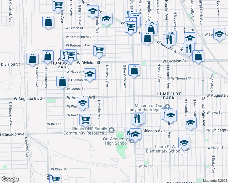 map of restaurants, bars, coffee shops, grocery stores, and more near 1016 N Karlov Ave in Chicago