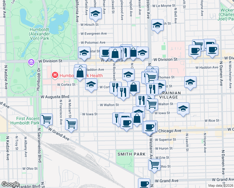 map of restaurants, bars, coffee shops, grocery stores, and more near 2554 West Augusta Boulevard in Chicago
