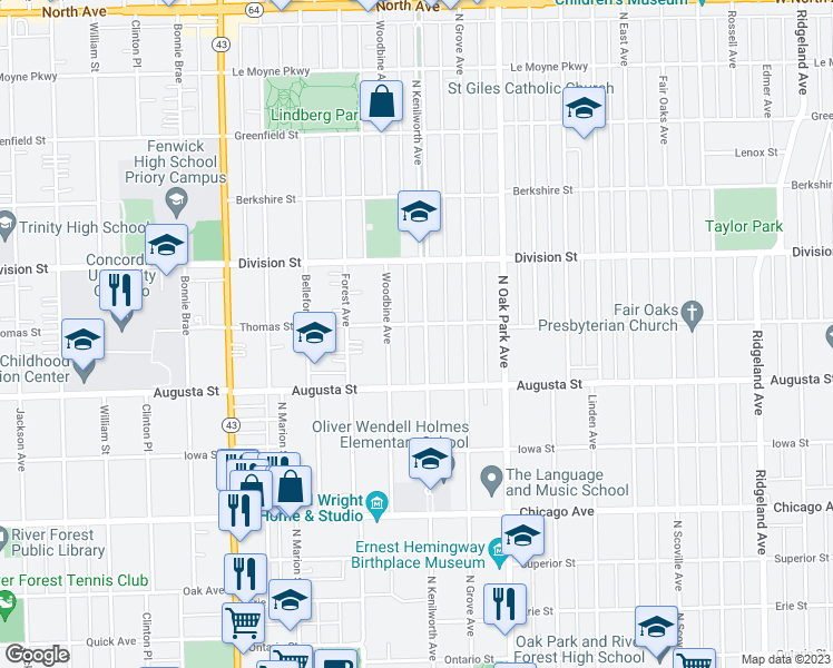 map of restaurants, bars, coffee shops, grocery stores, and more near 741 North Kenilworth Avenue in Oak Park