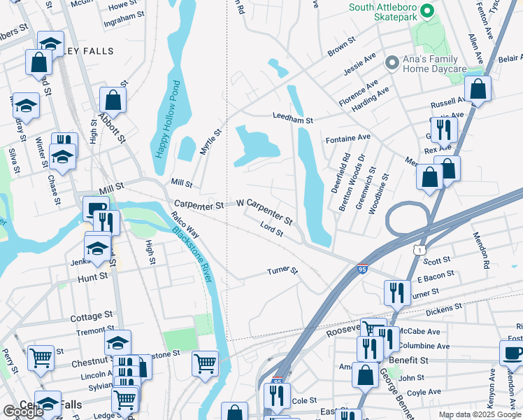 map of restaurants, bars, coffee shops, grocery stores, and more near 44 West Carpenter Street in Attleboro
