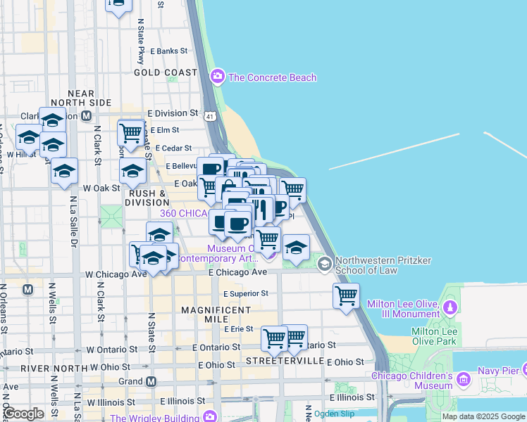 map of restaurants, bars, coffee shops, grocery stores, and more near 200 East Delaware Place in Chicago