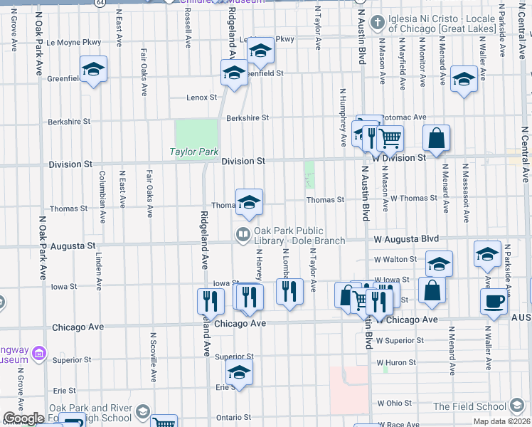 map of restaurants, bars, coffee shops, grocery stores, and more near 734 N Harvey Ave in Oak Park