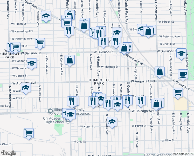 map of restaurants, bars, coffee shops, grocery stores, and more near in Chicago