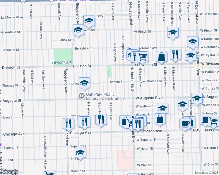 map of restaurants, bars, coffee shops, grocery stores, and more near 732 Hayes Avenue in Oak Park