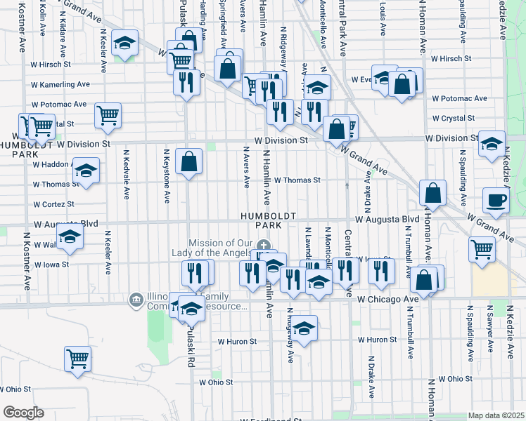 map of restaurants, bars, coffee shops, grocery stores, and more near 1014 North Hamlin Avenue in Chicago