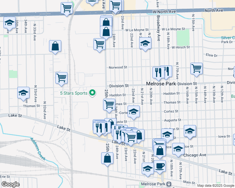 map of restaurants, bars, coffee shops, grocery stores, and more near 1401 North 24th Avenue in Melrose Park