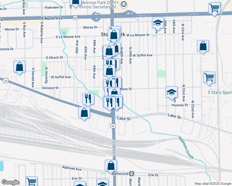 map of restaurants, bars, coffee shops, grocery stores, and more near 1559 Mannheim Road in Stone Park