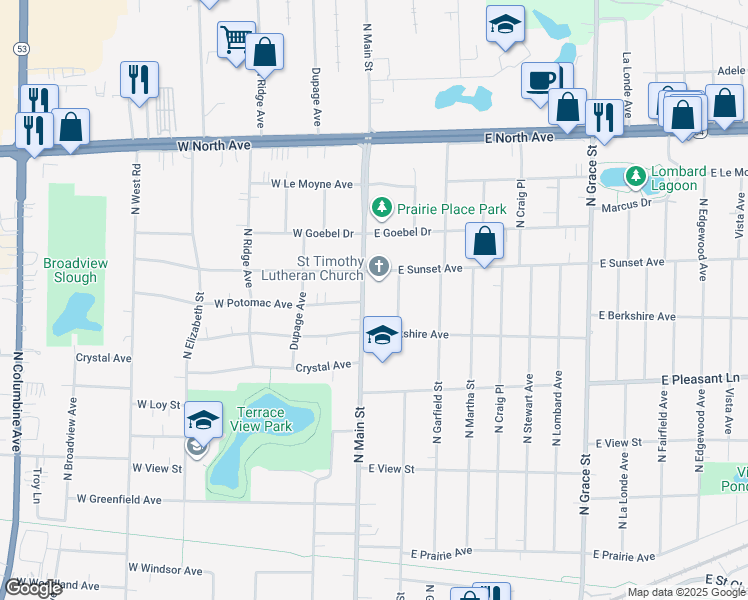 map of restaurants, bars, coffee shops, grocery stores, and more near 527 North Main Street in Lombard