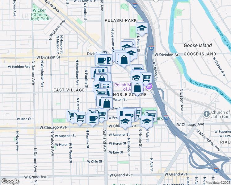 map of restaurants, bars, coffee shops, grocery stores, and more near 1523 West Augusta Boulevard in Chicago
