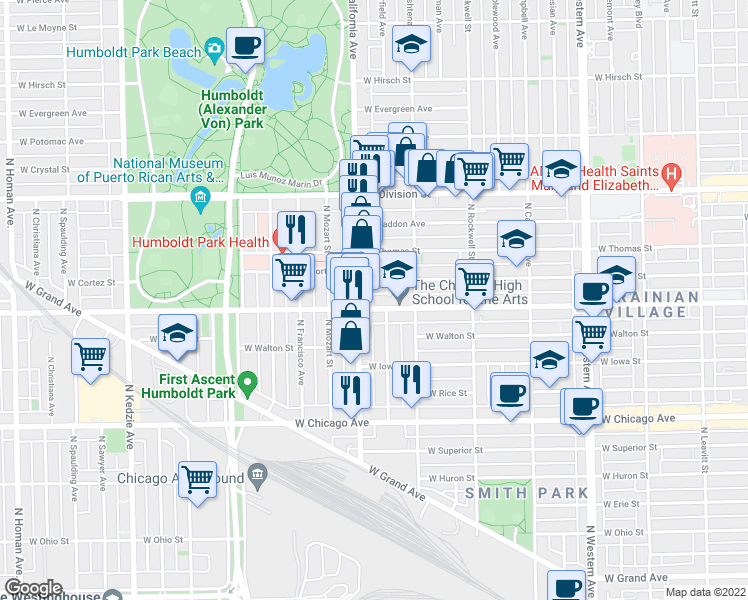 map of restaurants, bars, coffee shops, grocery stores, and more near 2740 West Augusta Boulevard in Chicago