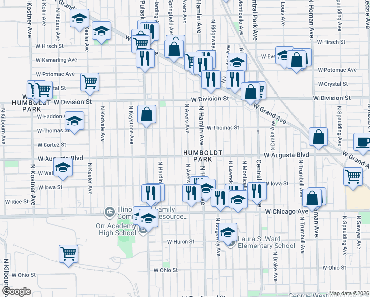 map of restaurants, bars, coffee shops, grocery stores, and more near 1012 North Avers Avenue in Chicago