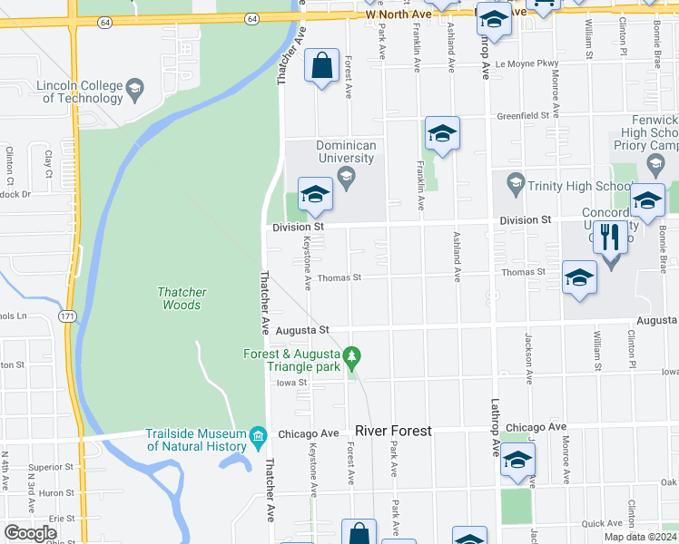 map of restaurants, bars, coffee shops, grocery stores, and more near 1102 Forest Avenue in River Forest
