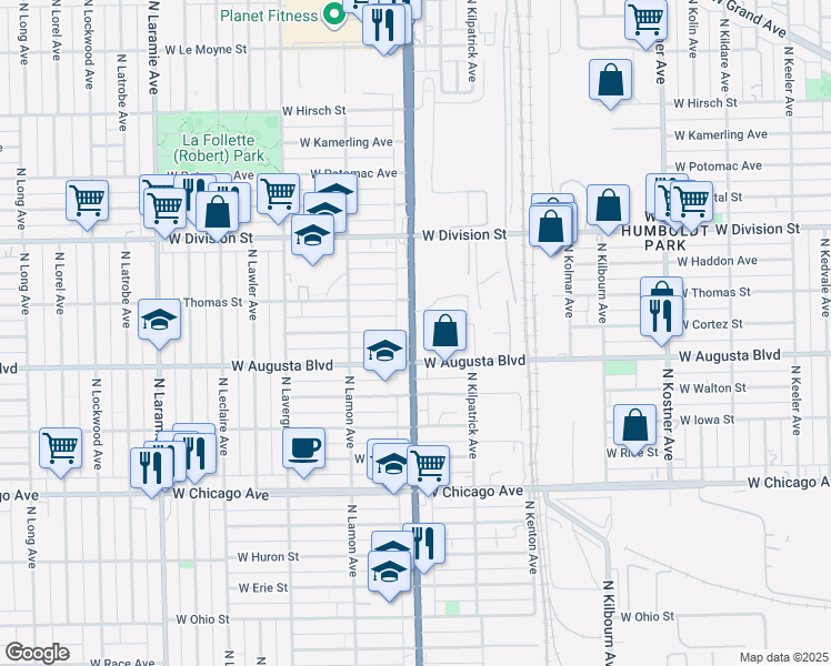 map of restaurants, bars, coffee shops, grocery stores, and more near 1017 Illinois 50 in Chicago