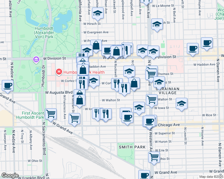 map of restaurants, bars, coffee shops, grocery stores, and more near 2612 West Augusta Boulevard in Chicago