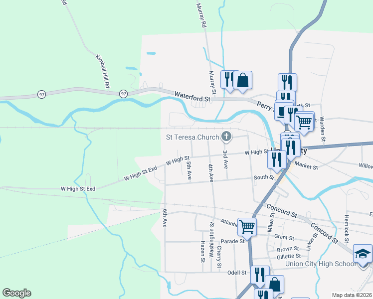 map of restaurants, bars, coffee shops, grocery stores, and more near 16 5th Ave in Union City