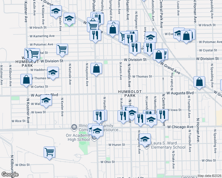 map of restaurants, bars, coffee shops, grocery stores, and more near 1014 North Springfield Avenue in Chicago