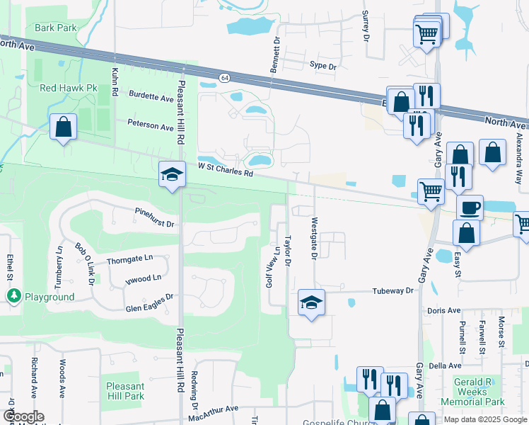 map of restaurants, bars, coffee shops, grocery stores, and more near 26W012 Klein Creek Drive in Winfield