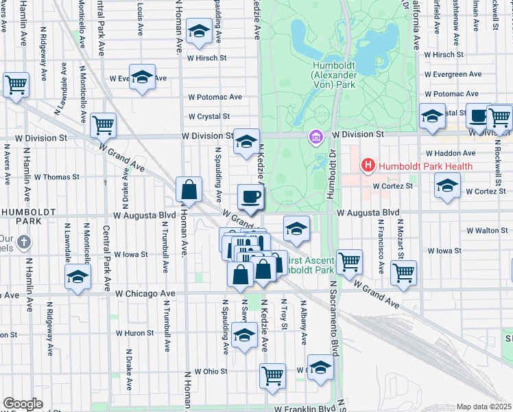 map of restaurants, bars, coffee shops, grocery stores, and more near 1000 North Kedzie Avenue in Chicago
