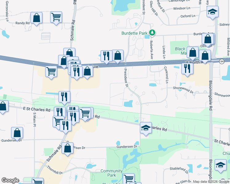 map of restaurants, bars, coffee shops, grocery stores, and more near 201 Flame Drive in Carol Stream