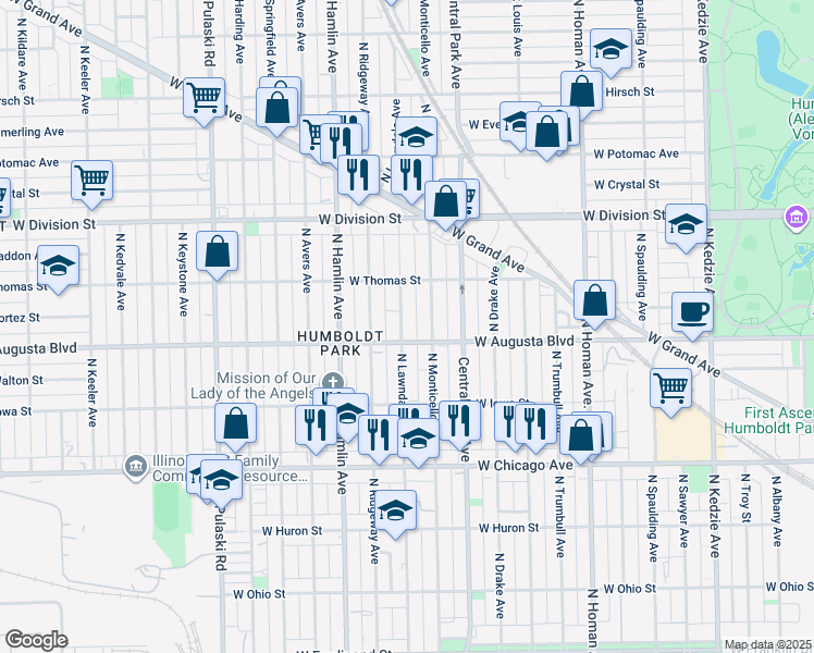 map of restaurants, bars, coffee shops, grocery stores, and more near 1011 North Lawndale Avenue in Chicago