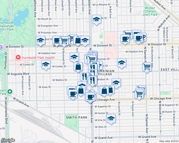 map of restaurants, bars, coffee shops, grocery stores, and more near in Chicago