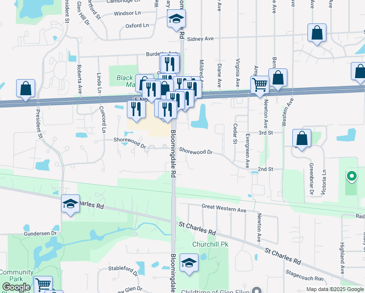 map of restaurants, bars, coffee shops, grocery stores, and more near 208 Shorewood Drive in Glendale Heights