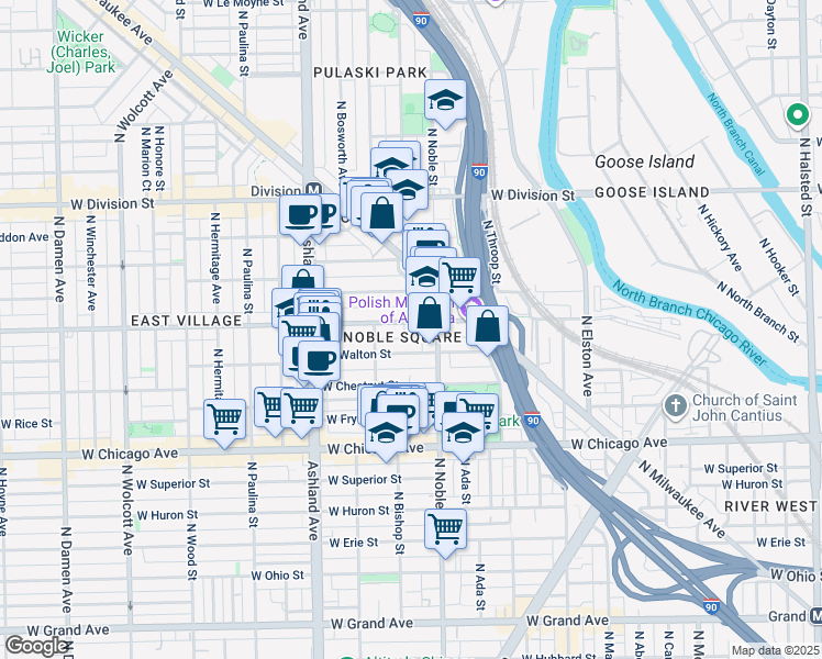 map of restaurants, bars, coffee shops, grocery stores, and more near 1425 West Augusta Boulevard in Chicago