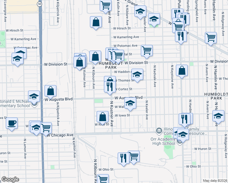 map of restaurants, bars, coffee shops, grocery stores, and more near 4353 West Cortez Street in Chicago
