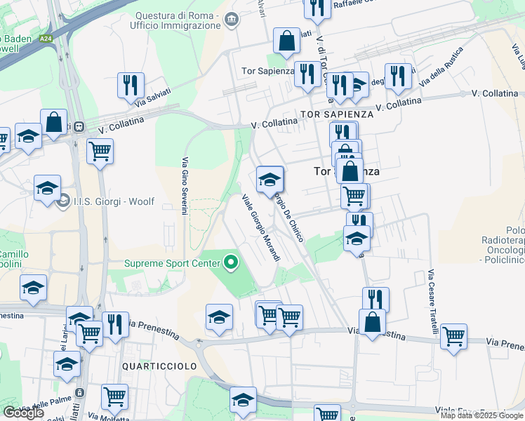 map of restaurants, bars, coffee shops, grocery stores, and more near 191 Viale Giorgio Morandi in Roma