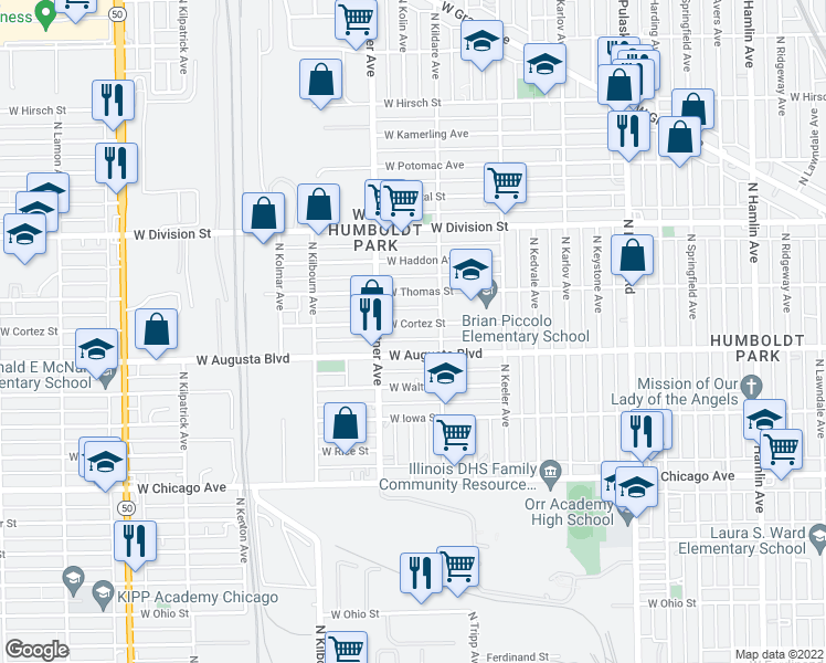 map of restaurants, bars, coffee shops, grocery stores, and more near 4325 West Cortez Street in Chicago